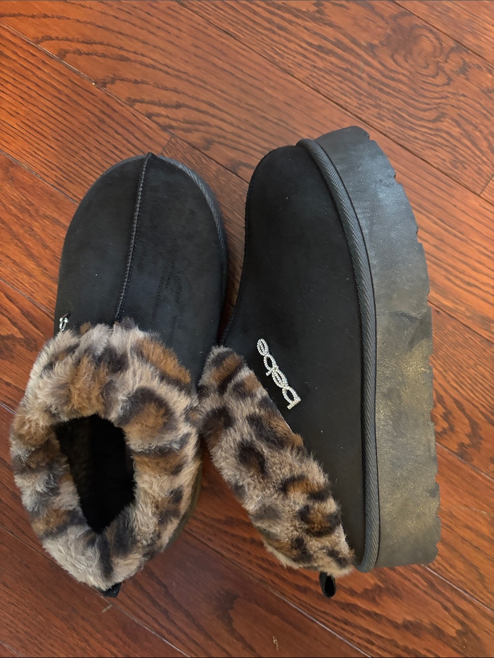 bebe Black Slip-On Clogs with Leopard Faux Fur Trim